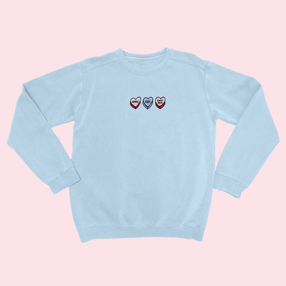 LOVEHEARTS Fries, Hummus & Garlic Bread Light Blue Retro Embroidered Sweater - Picture 9 of 11